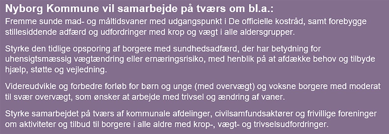 Tekst der forklarer, hvordan Nyborg Kommune vil arbejde på tværs mod overvægt