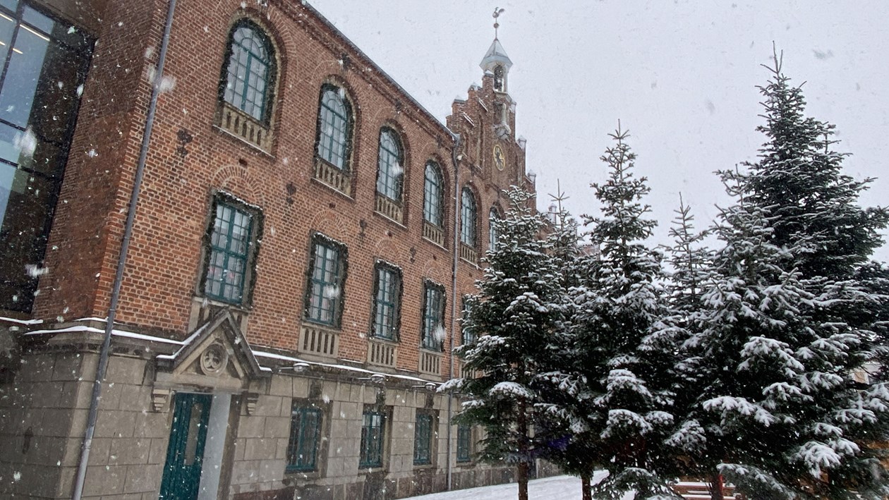 Nyborg Rådhus klædt i sne