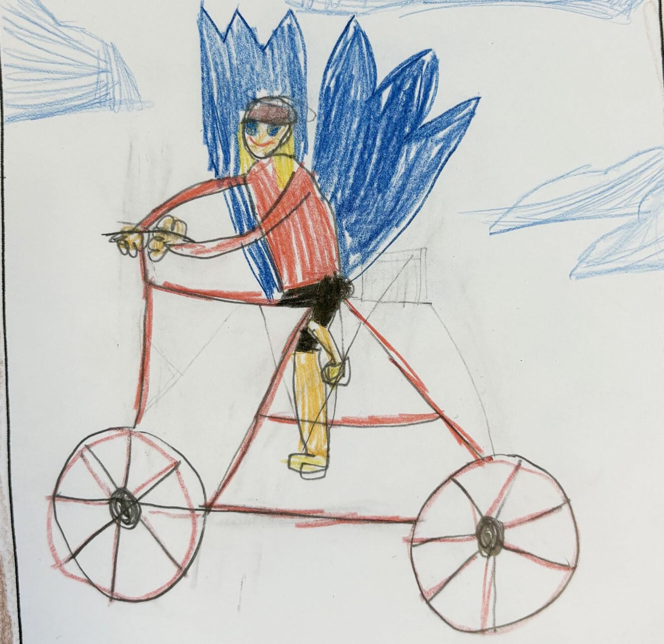 Tegning af en mand på en cykel med blå vinger