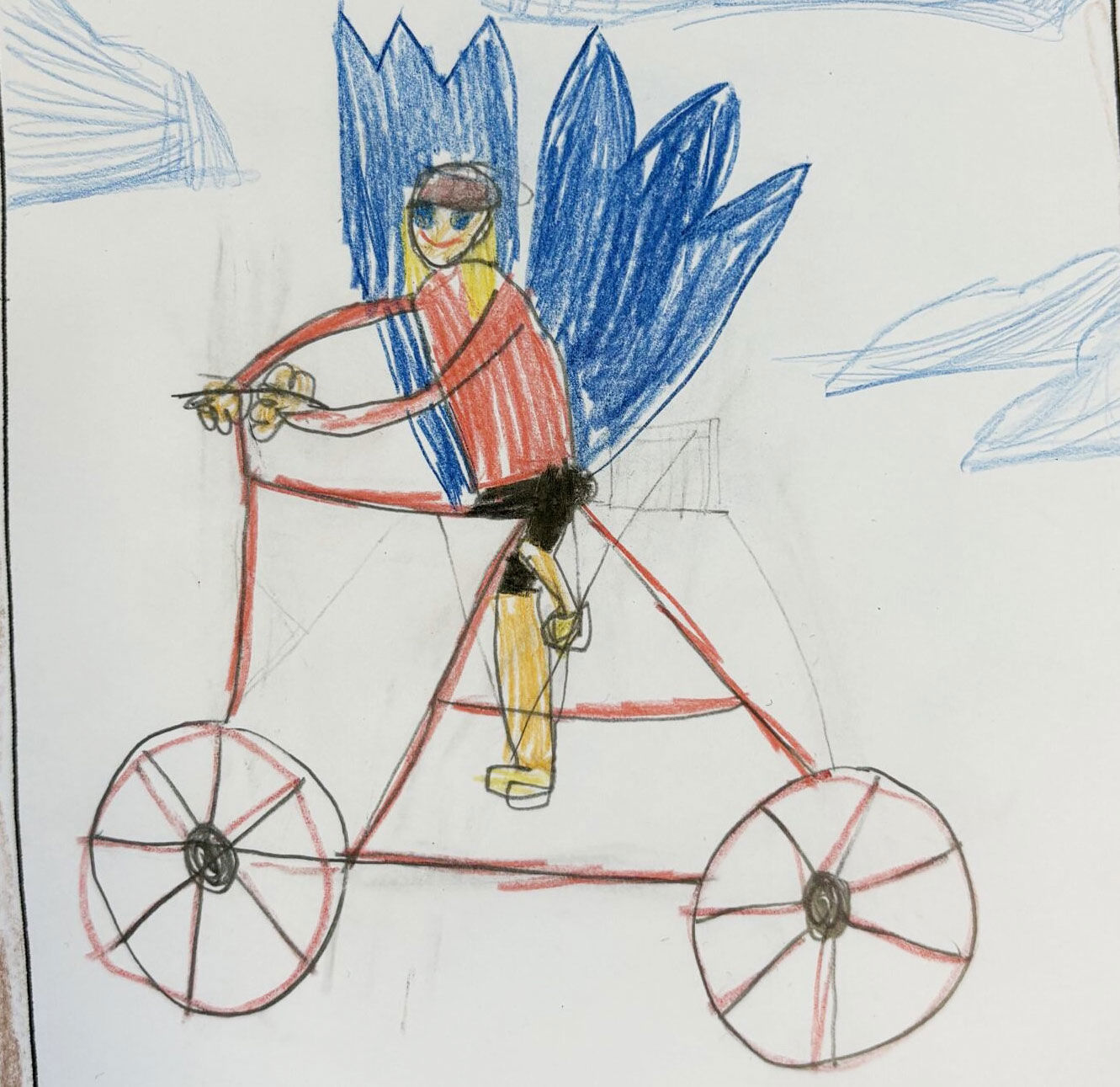 Tegning af en mand på en cykel med blå vinger