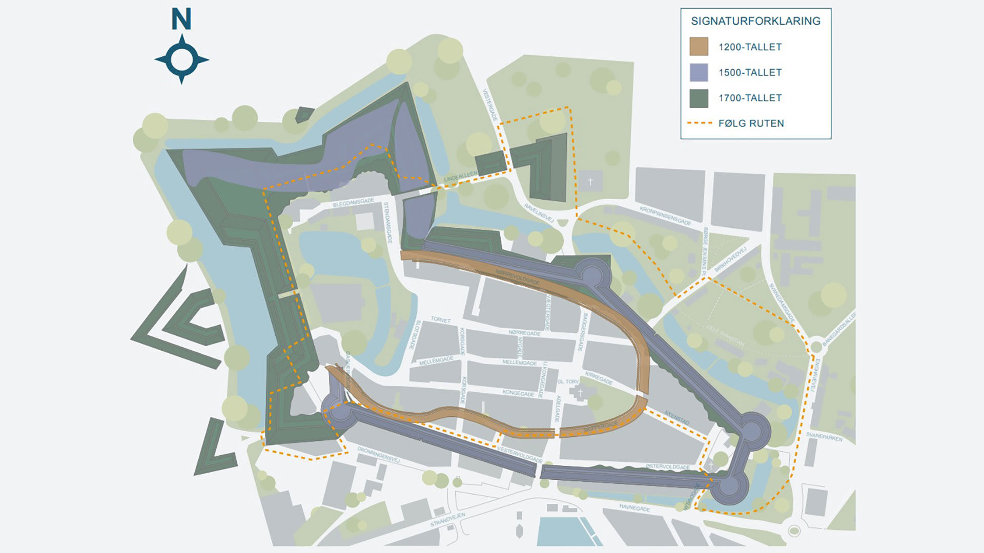 Kort over rute langs de historiske voldanlæg i Nyborg Kommune