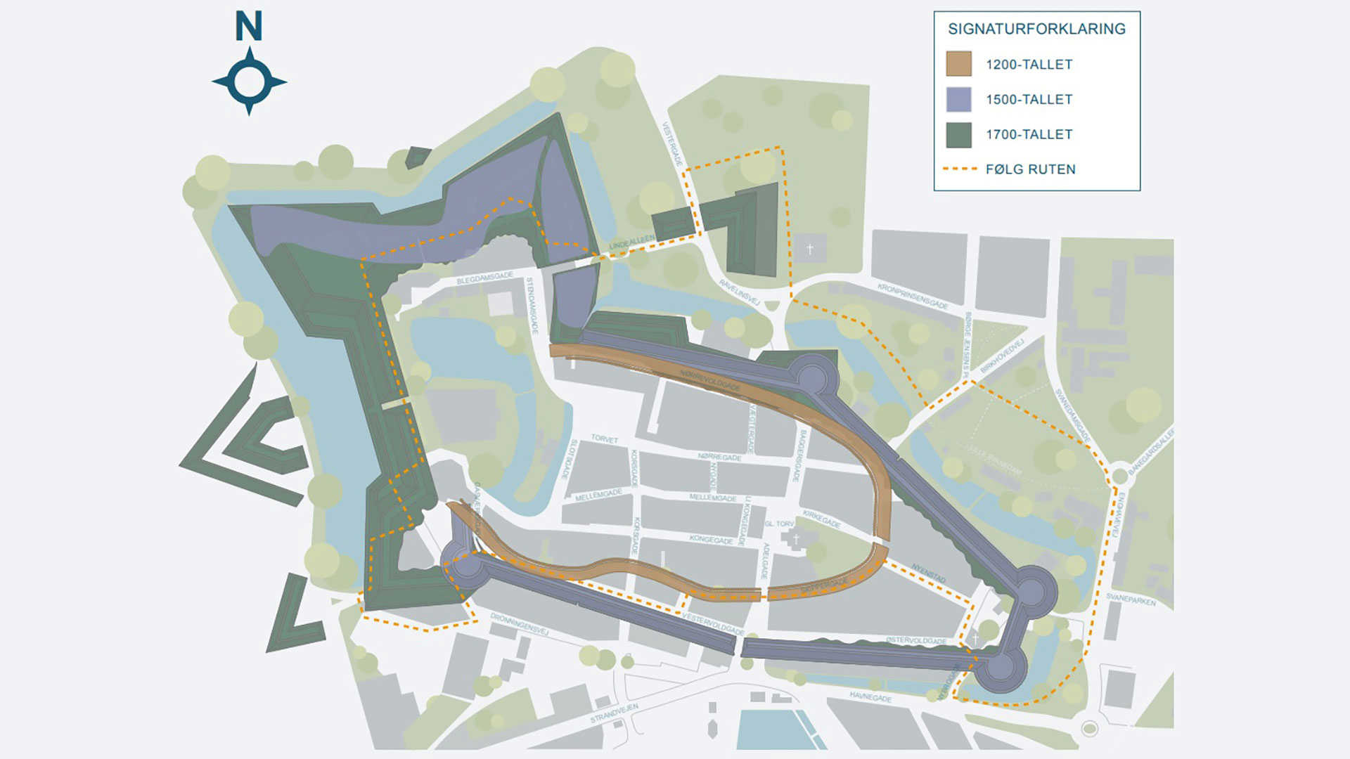 Kort over rute langs de historiske voldanlæg i Nyborg Kommune