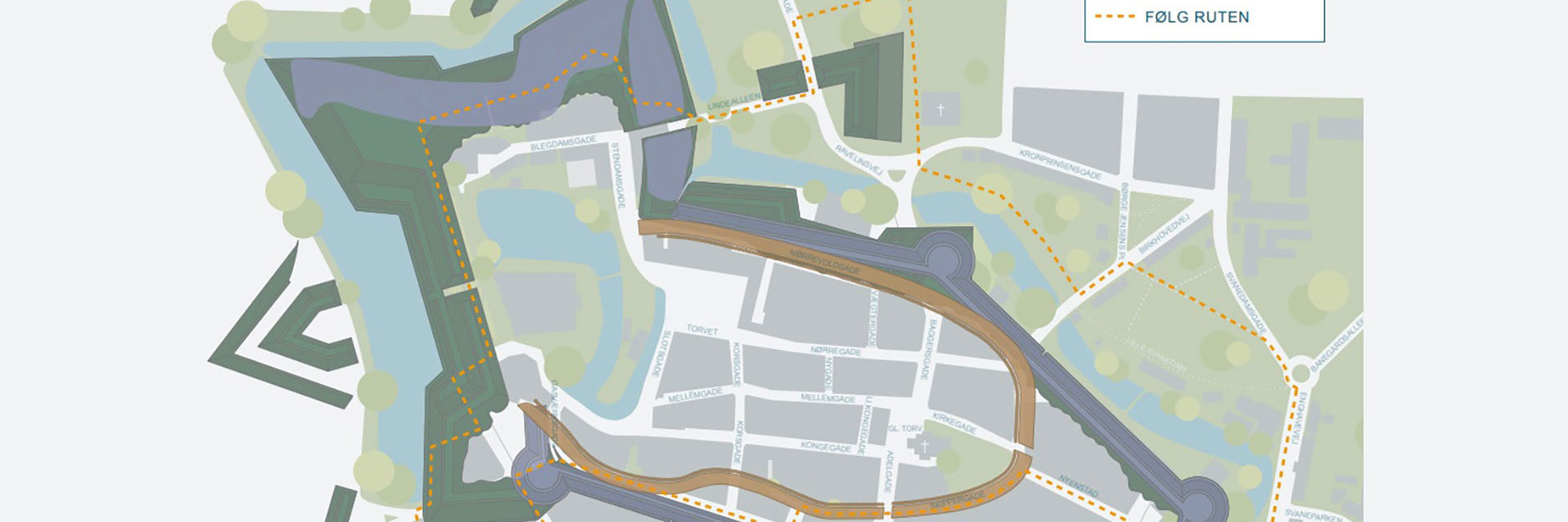 Kort over rute langs de historiske voldanlæg i Nyborg Kommune