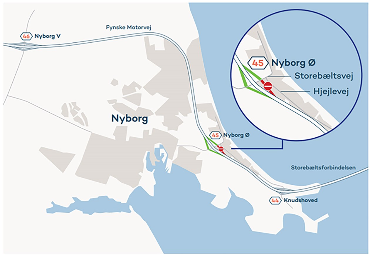 Kort over afspærring ved afkørsel 45 - Nyborg Ø