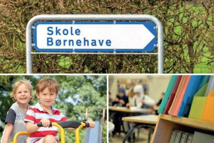 Collage med børn, bøger, skole og børnehave