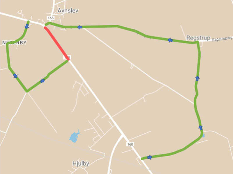 Enkel tegning der viser afspærring af Odensevej i Aunslev // Foto: Nyborg Kommune