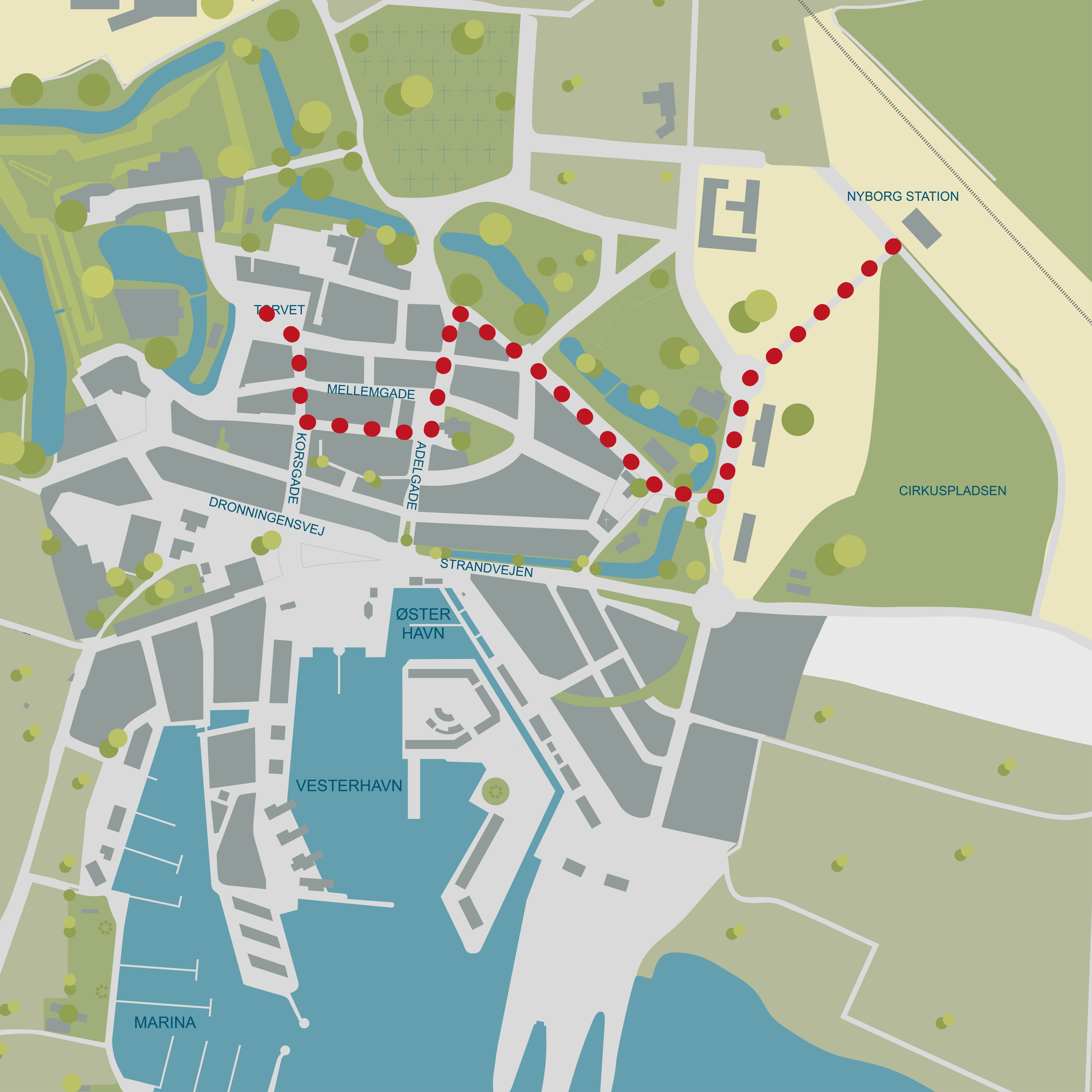 Kort over den rute Den Kongelige Livgarde skal gå i Nyborg 1. november 2025