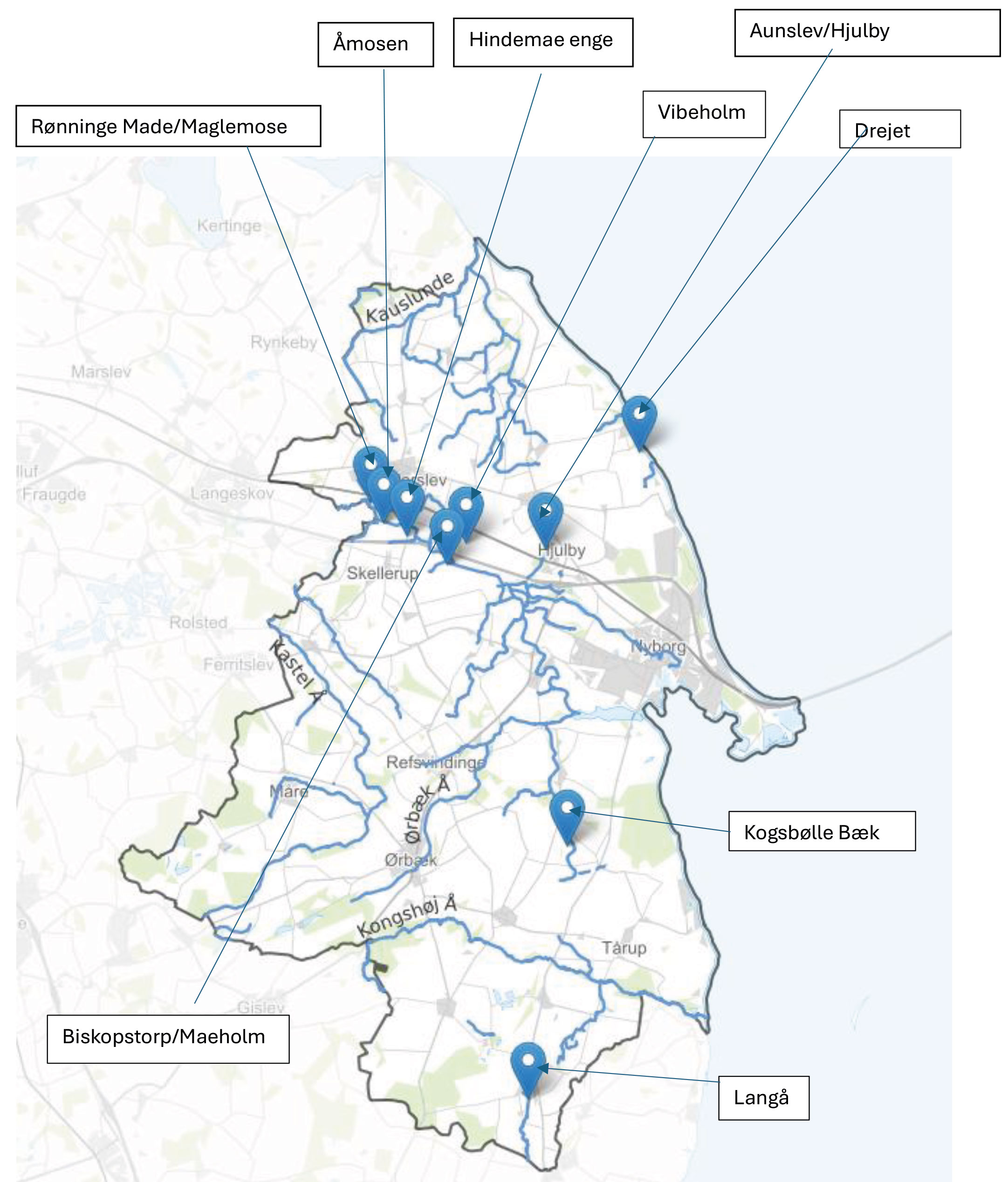 Kort over den geografiske placering af kvælstofområder (VKP) i Nyborg Kommune