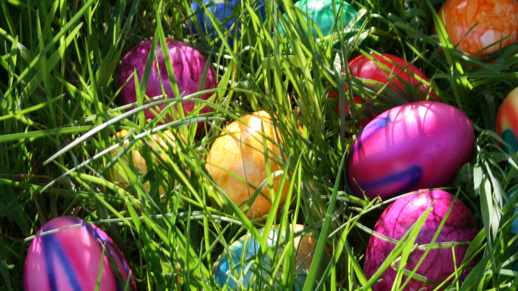 Kulørte påskeæg liggende i græs