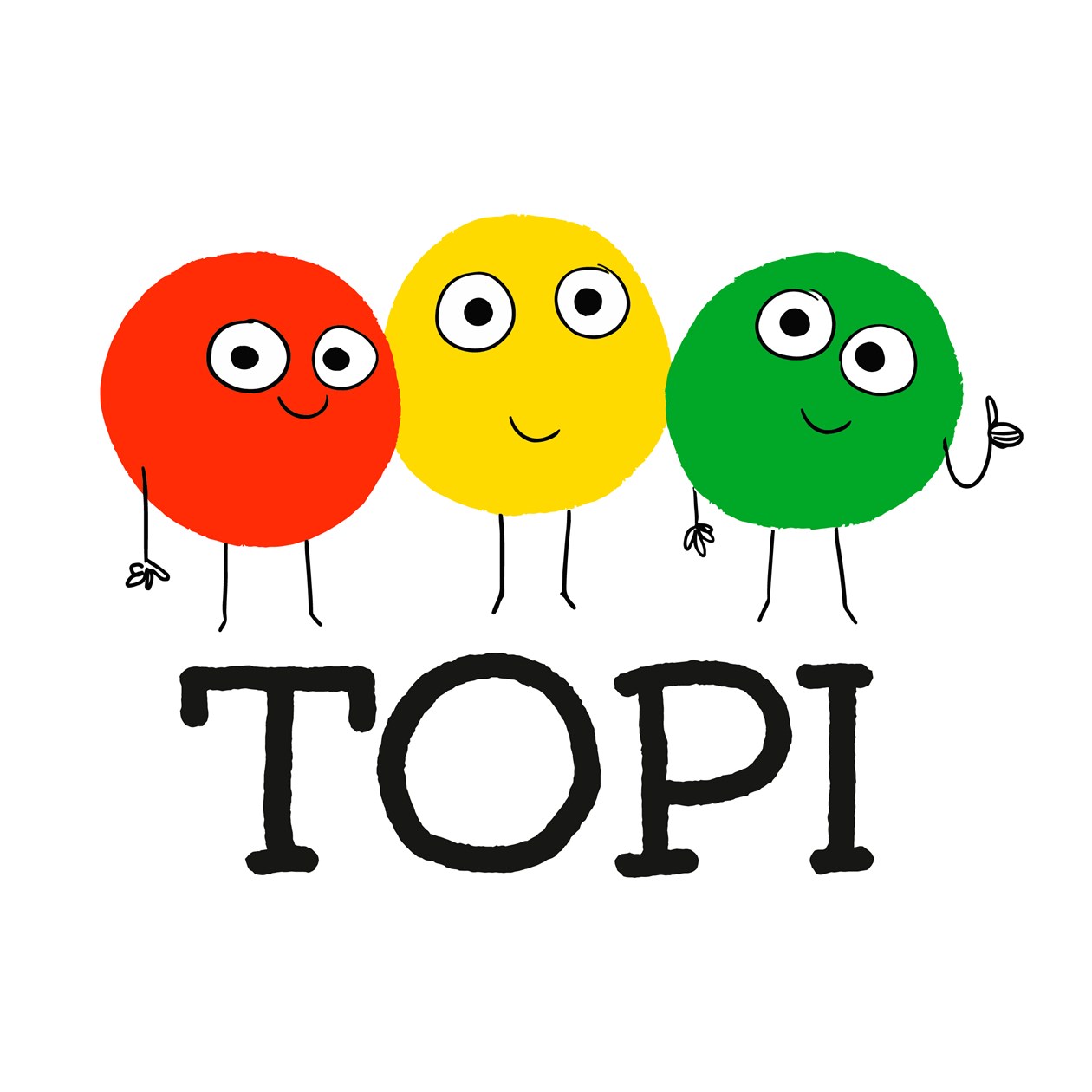 Tegning af glade figurer og teksten "TOPI"