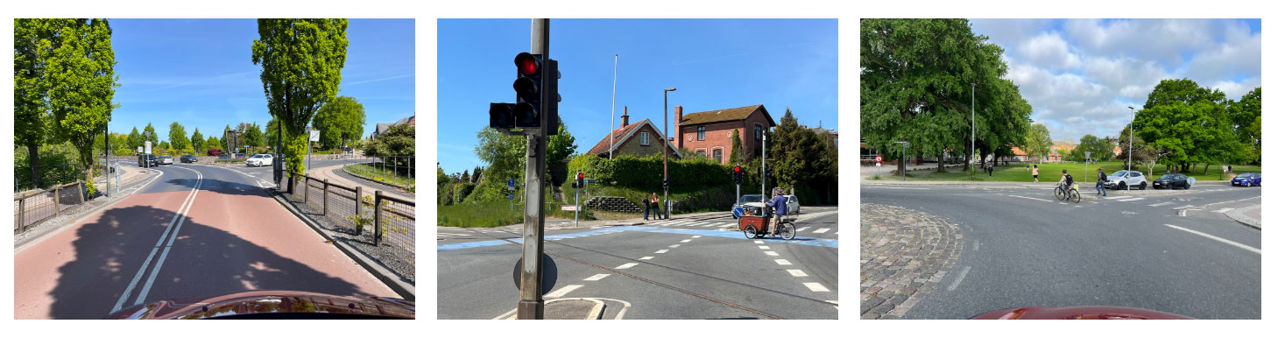 Tre forskellige fotos af trafiksituationer i Nyborg