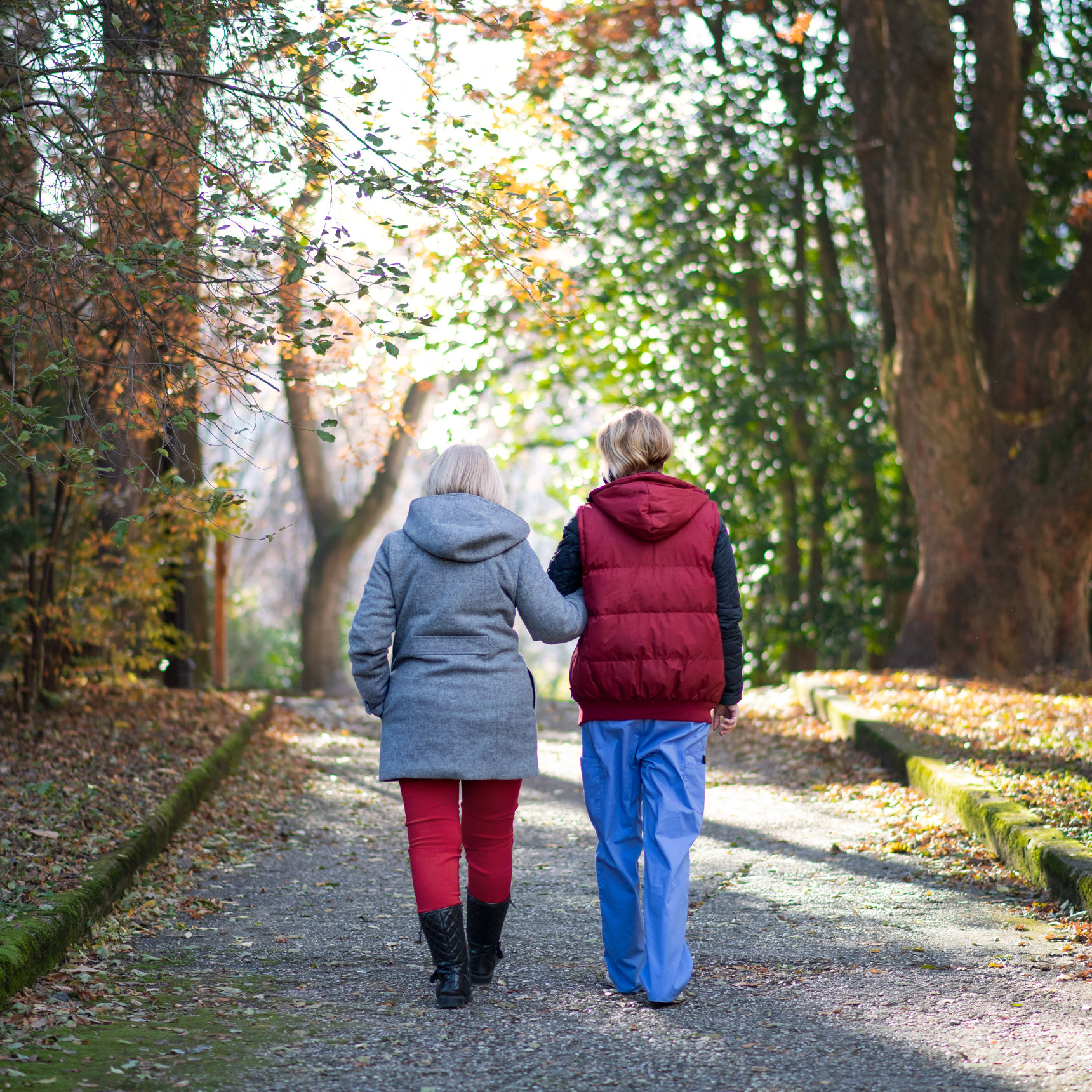 To kvinder går arm i arm i en skov i efterårsfarver