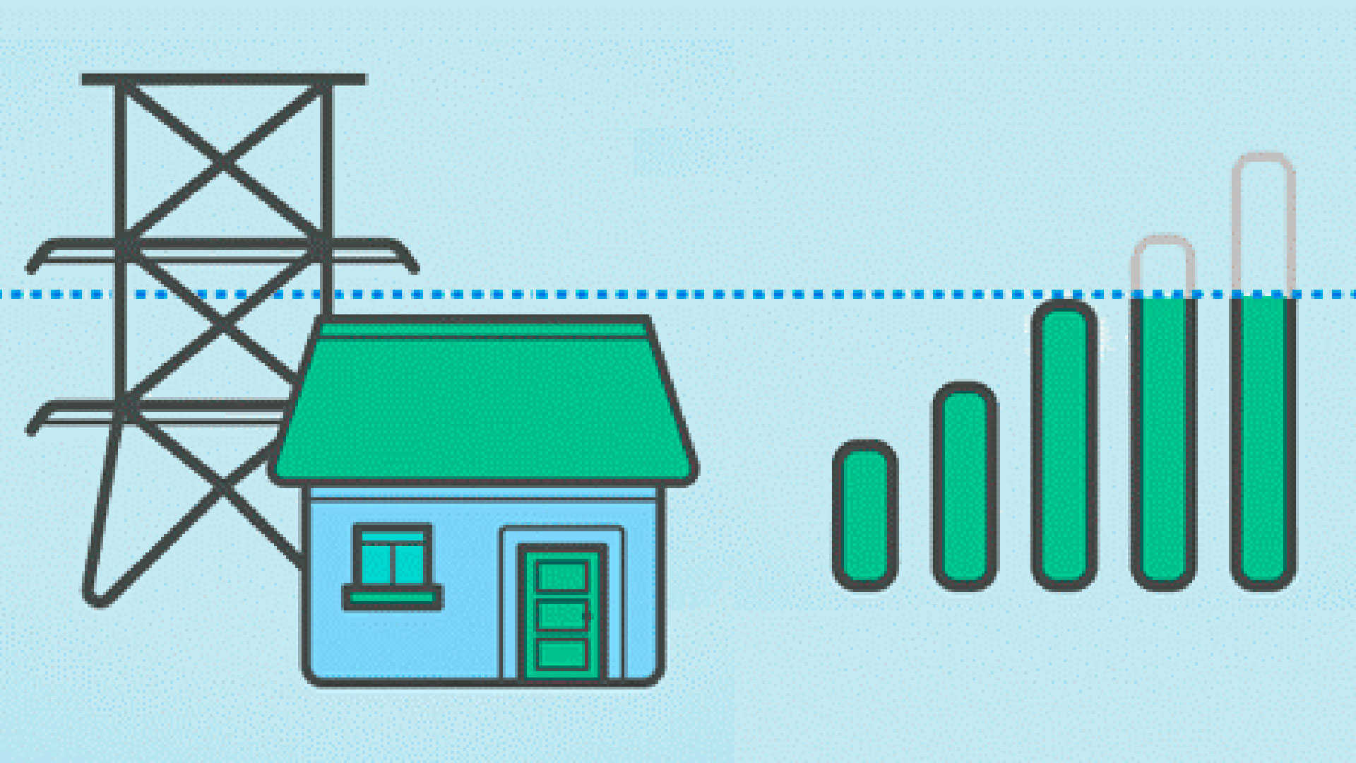 Tegning af et hus med antenne mv. ved siden af