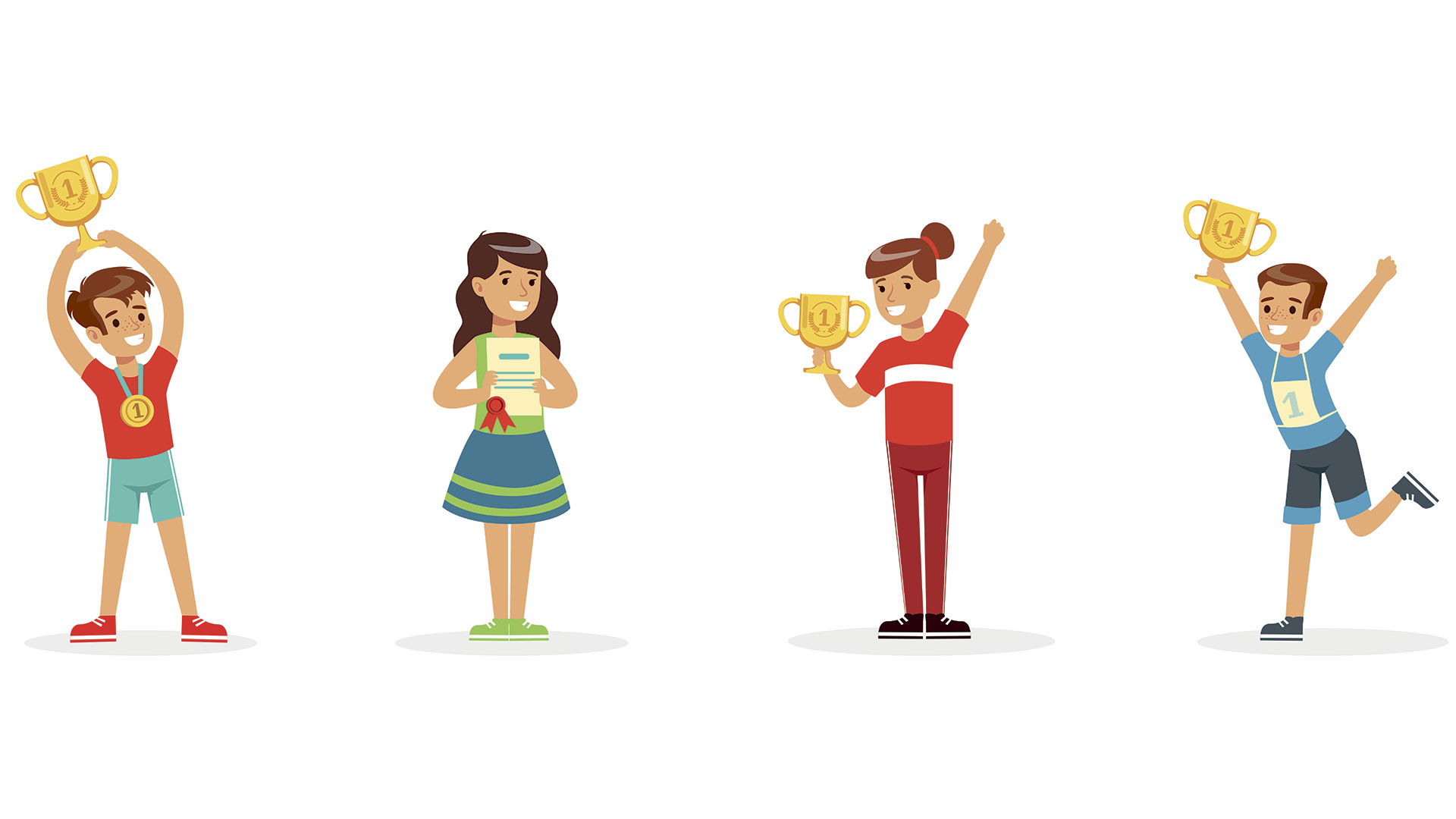 Tegning af glade vindere med pokaler