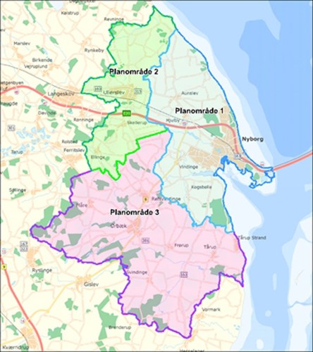 Kort over Nyborg Kommune inddelt i lokalplanområder