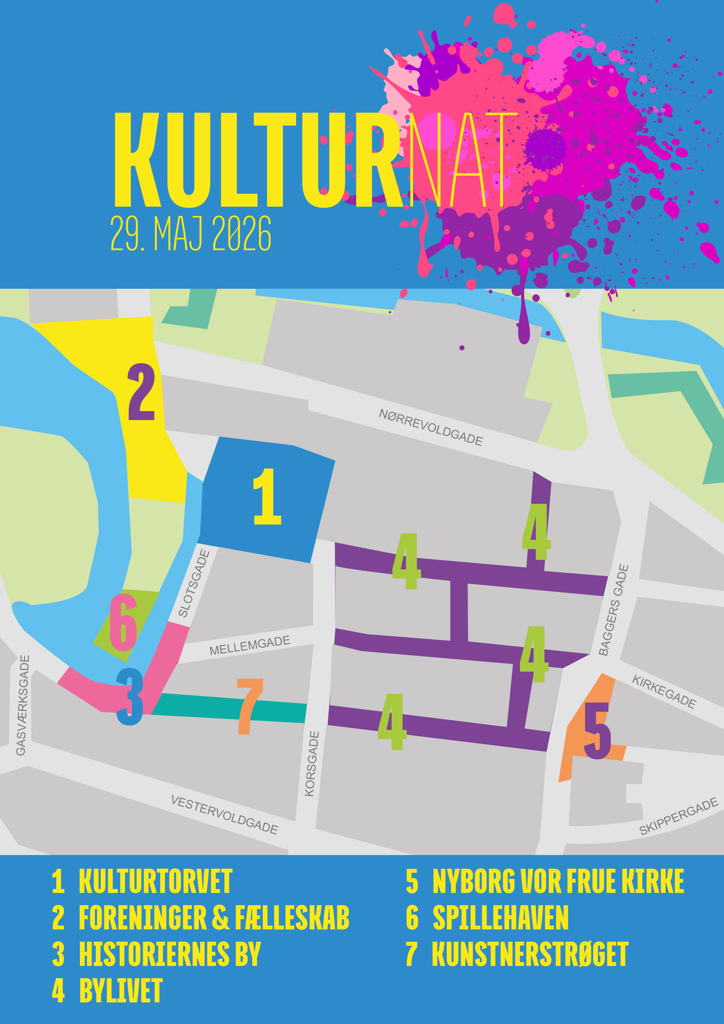 Kort over de 7 zoner til Nyborg Kulturnat 2026