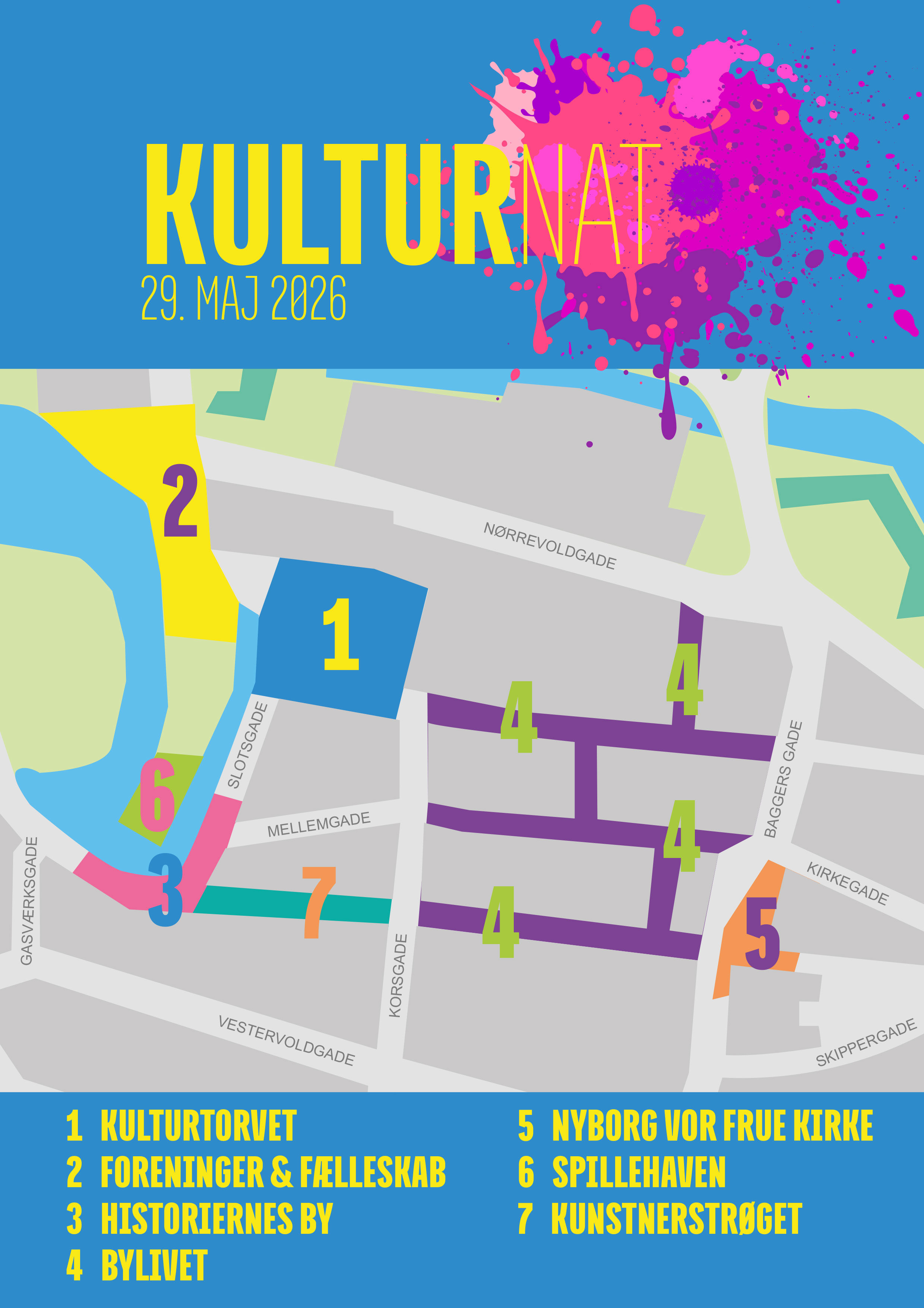 Kort over de 7 zoner til Nyborg Kulturnat 2026