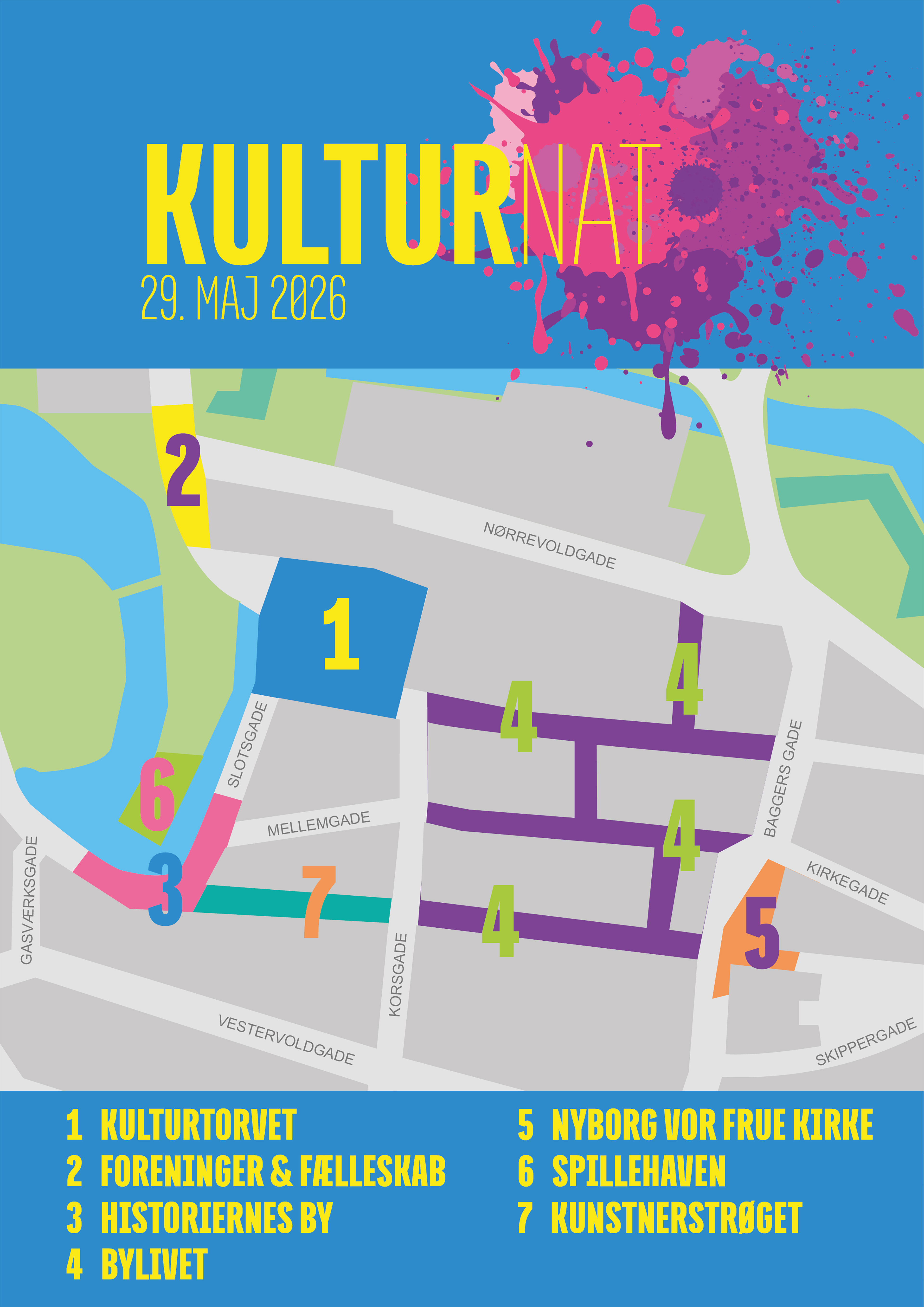 Kort over de 7 zoner til Nyborg Kulturnat 2026