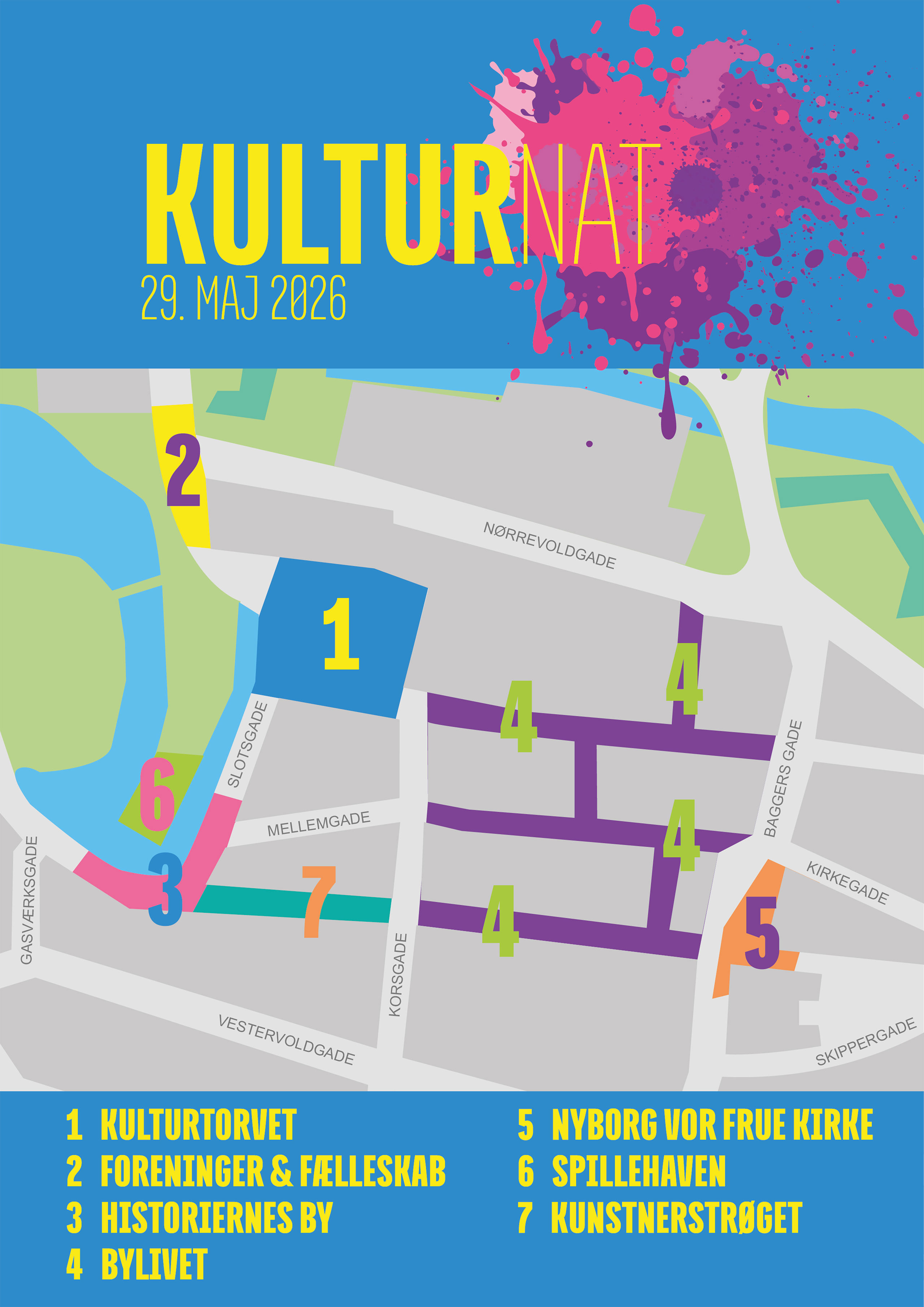 Kort over de 7 zoner til Nyborg Kulturnat 2026