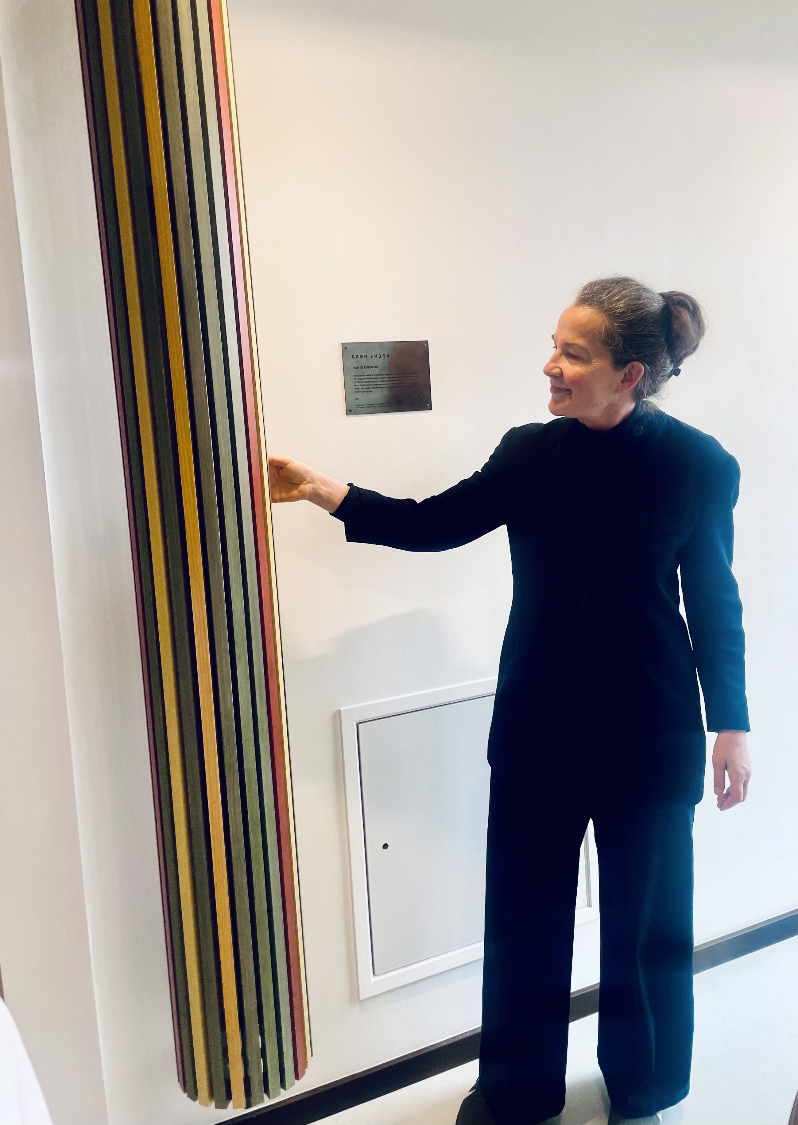 Kunstner Ingrid Kæseler der viser lodret panelkunst i Nyborg Tandpleje