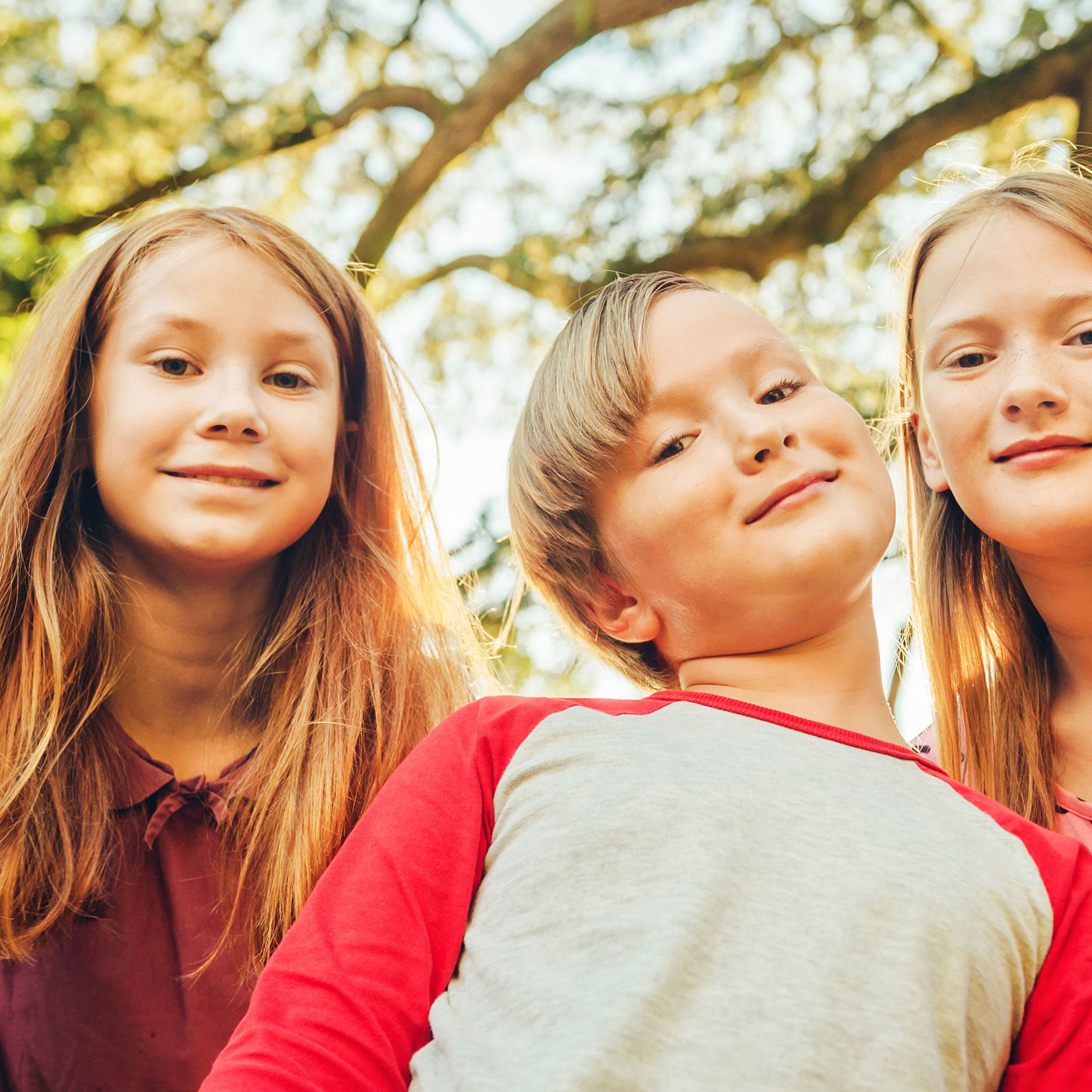 Tre børn med træ og solsikn i baggrunden