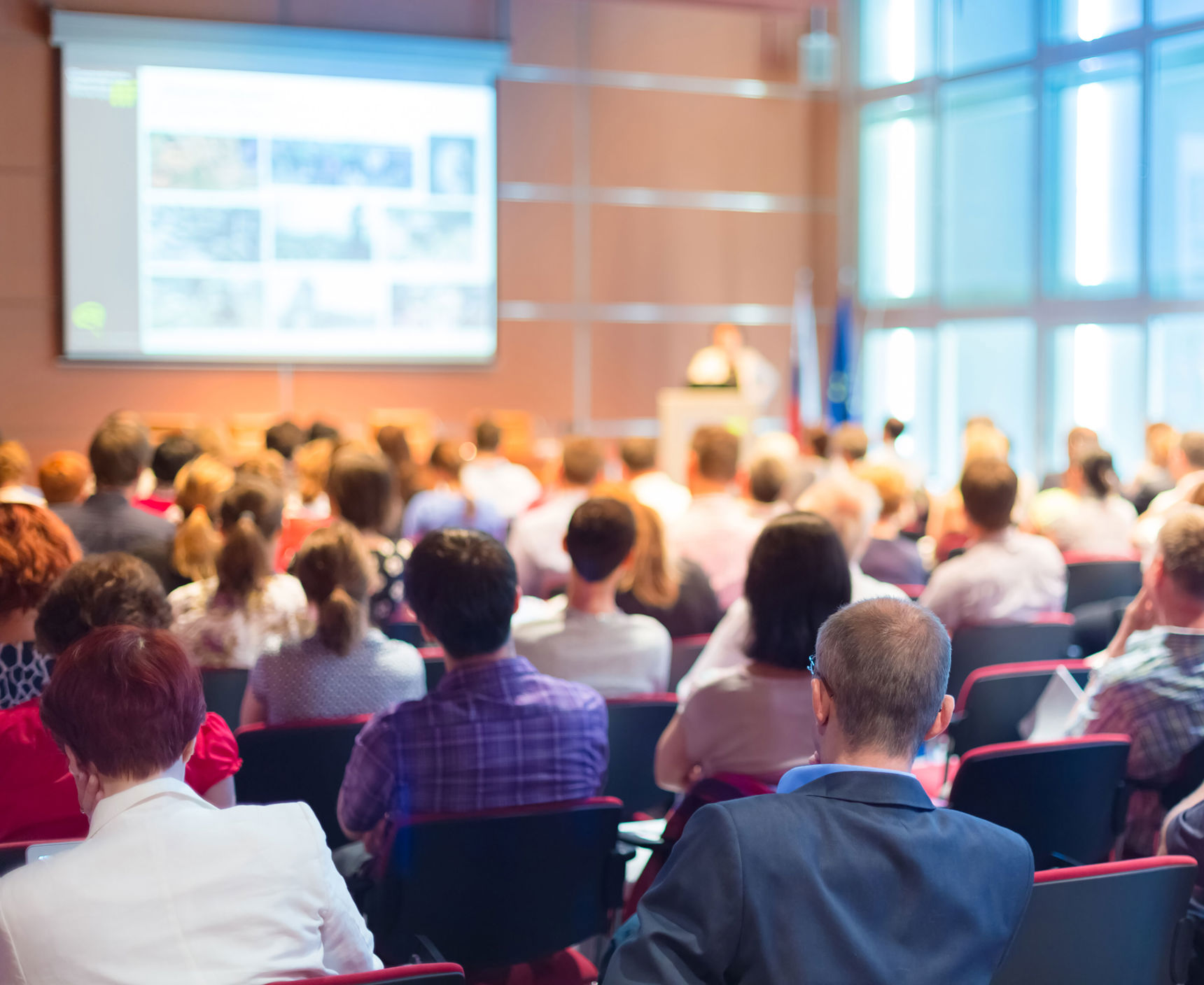 Ryggen af folk der sidder til en konference