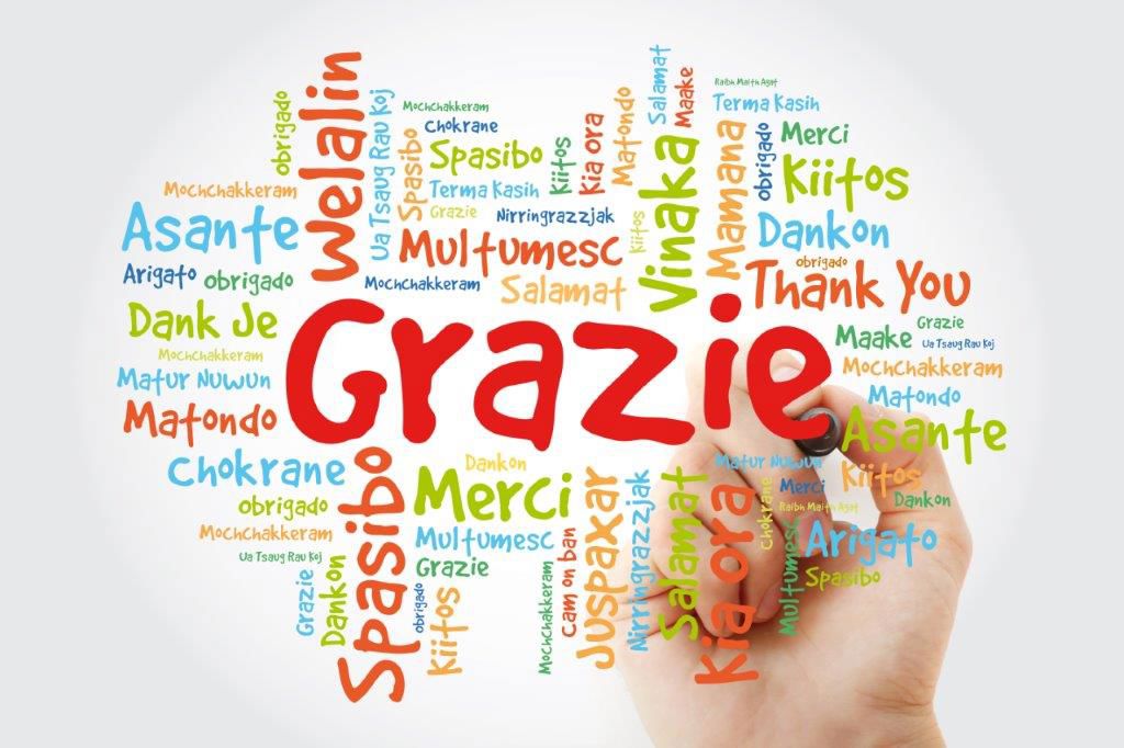 "Tak" skrevet på forskellige sprog
