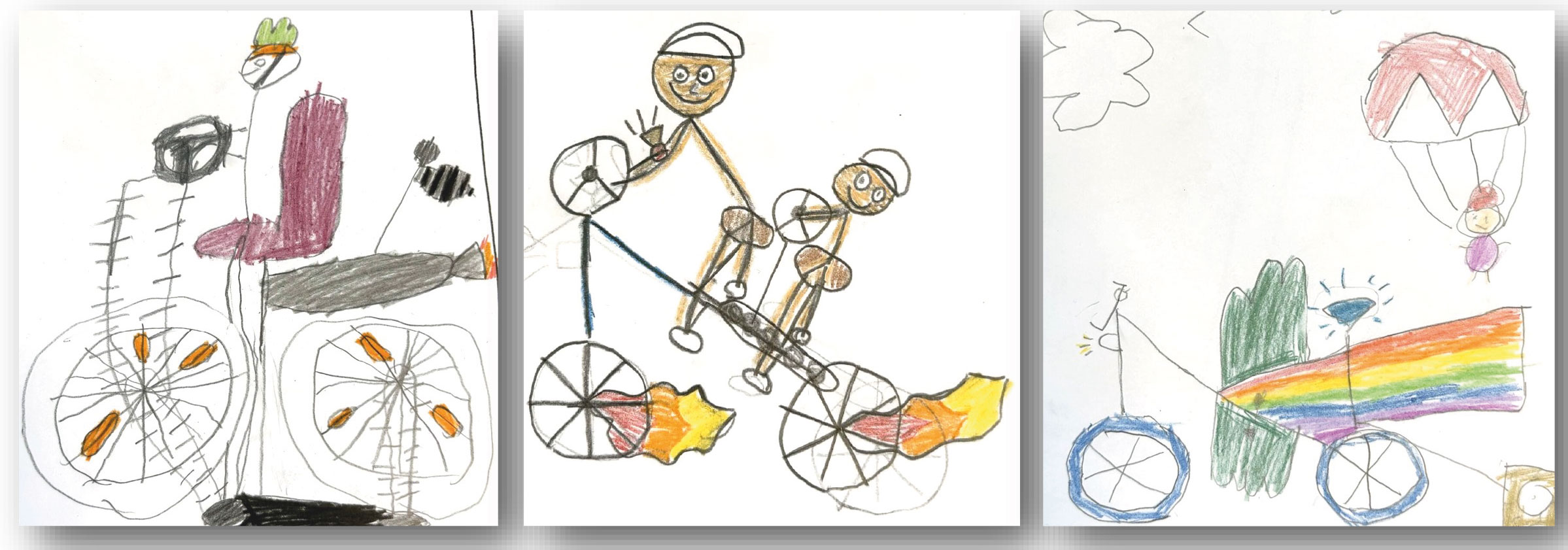 Tre cykeltegninger tegnet af børn