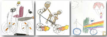 Tre cykeltegninger tegnet af børn