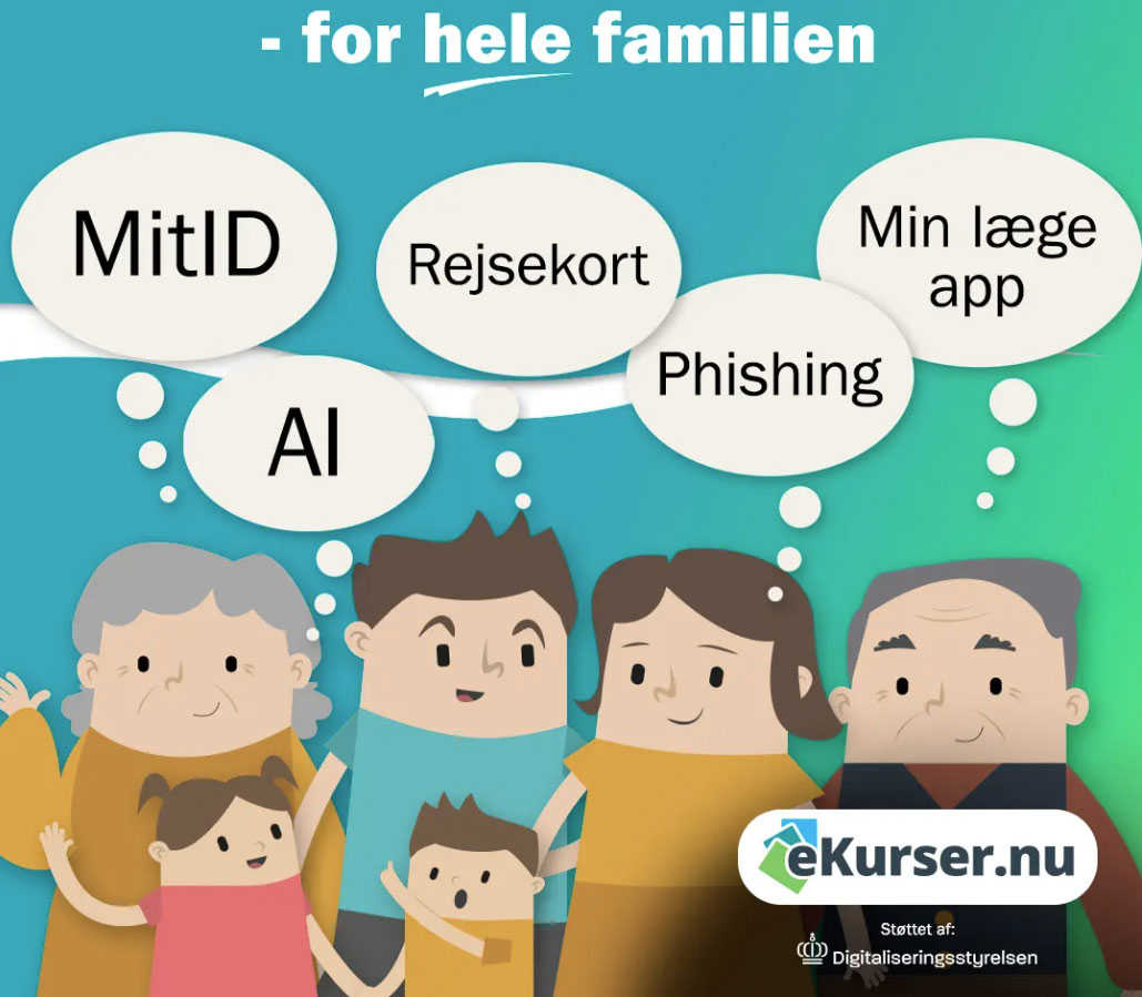 Tegning af familie med talebobler om onlinekurser