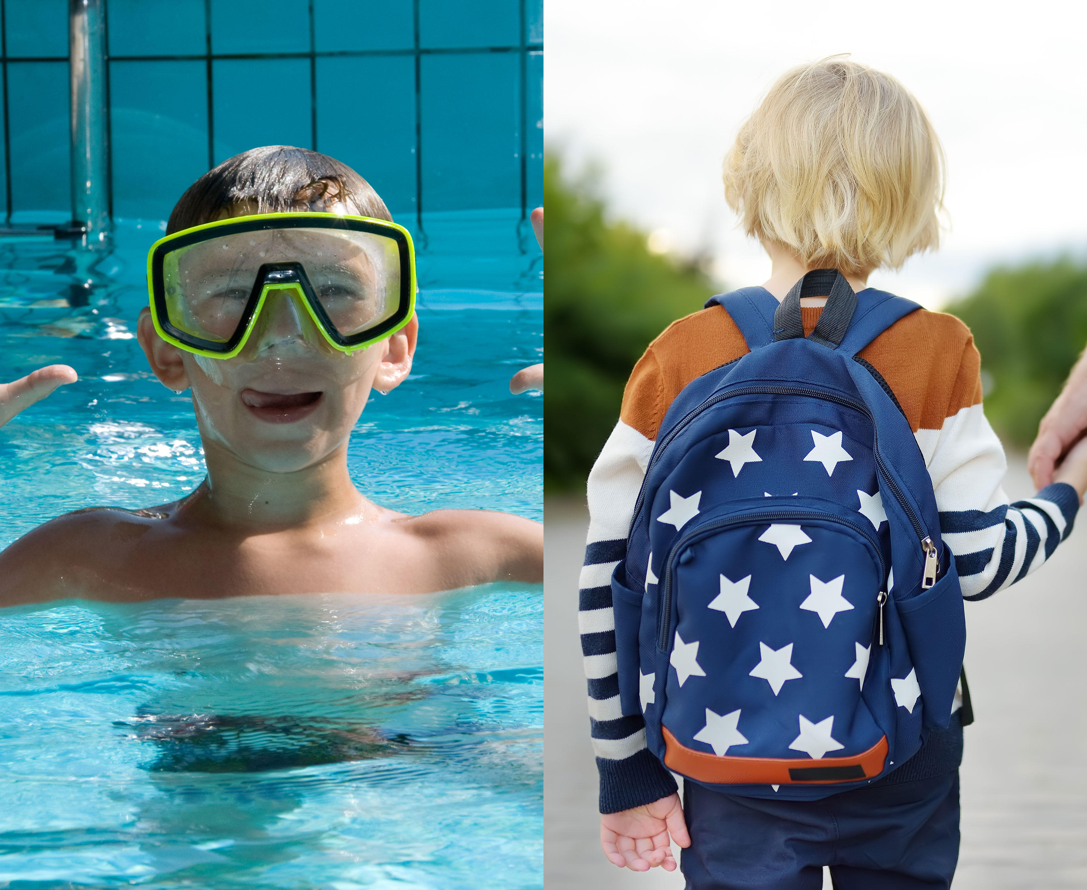 Fotocollage f et barn i en pool og et barn på vej i skole