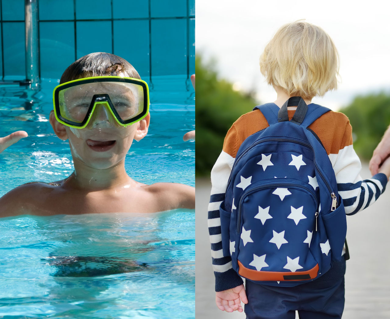 Fotocollage f et barn i en pool og et barn på vej i skole