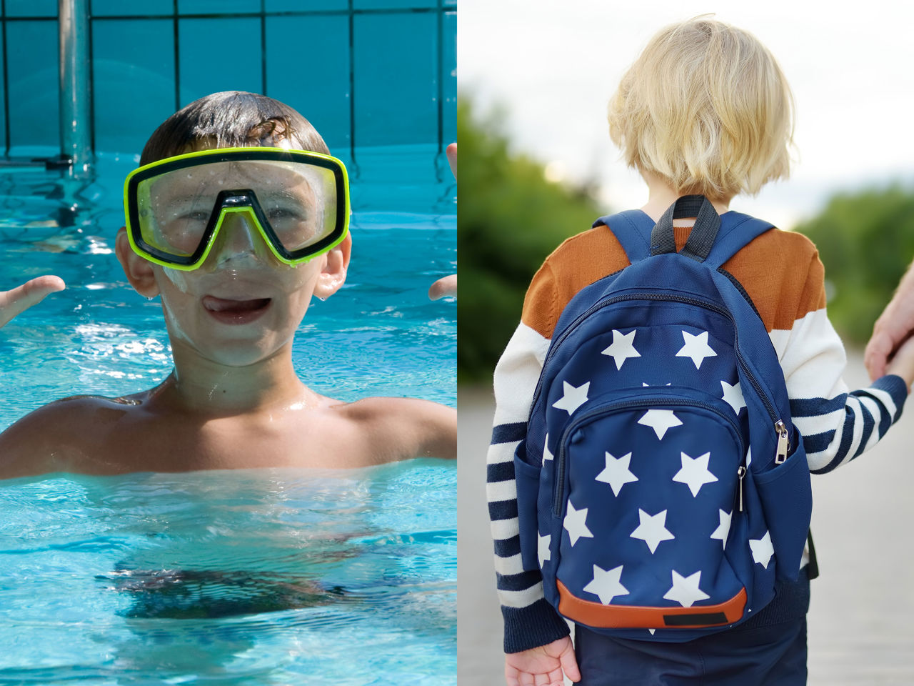 Fotocollage f et barn i en pool og et barn på vej i skole