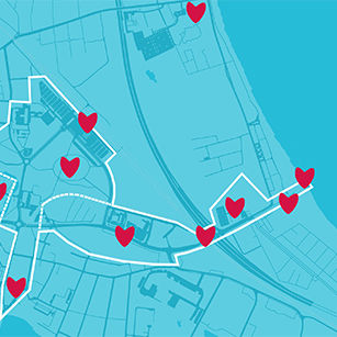 Blåt bykort med røde hjerter for de projekter i En samlet by