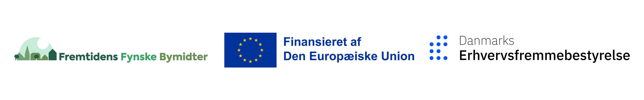 Logo Fremtidens Fynske Bymidter, EU og Danmarks Erhvervsfremmebestyrelse