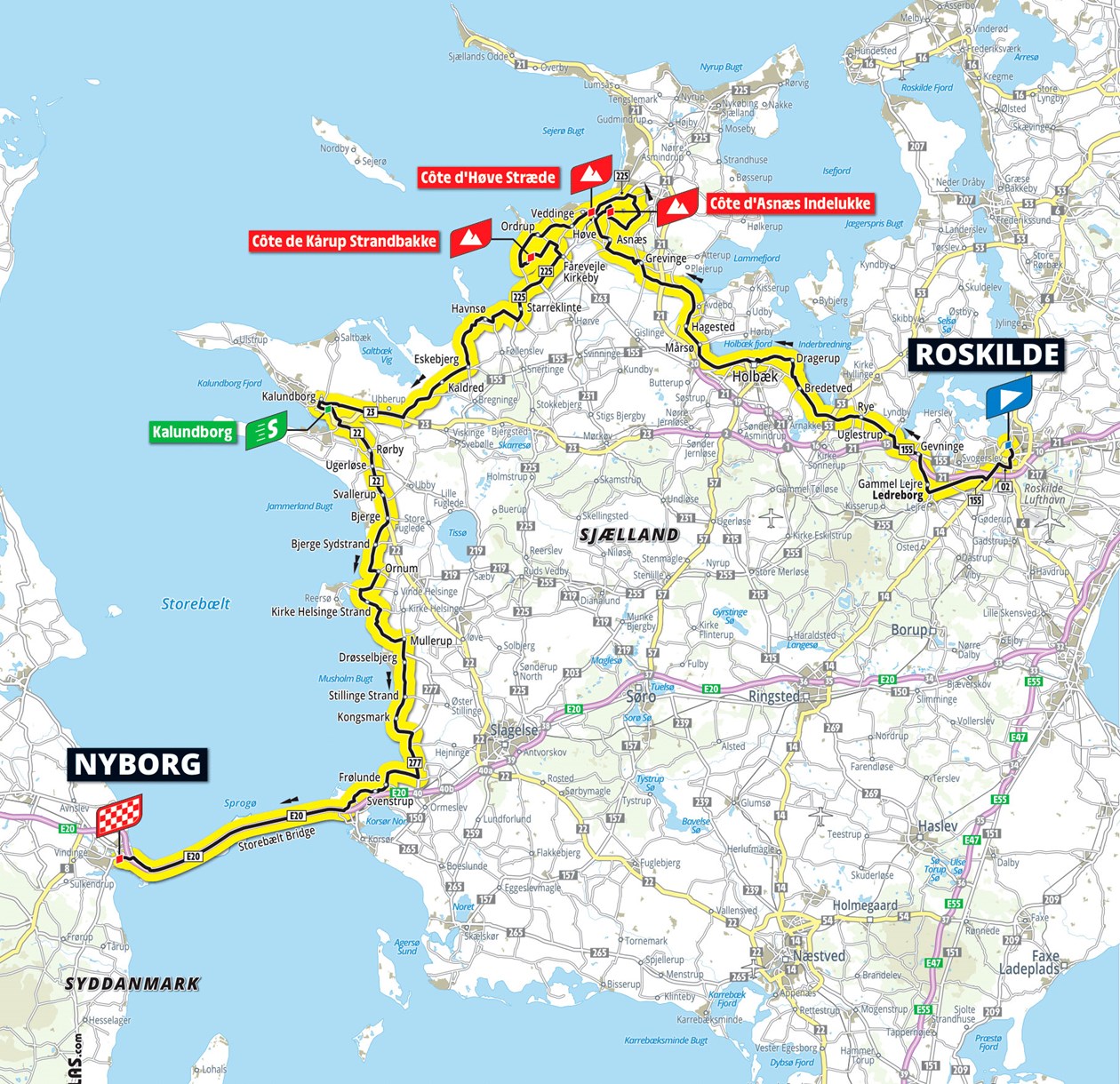 Kort over 2. etape - Roskilde/Nyborg ved TDF 2022