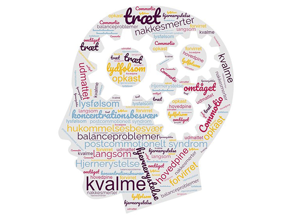 Tegning af et ansigt med en masse ord der beskriver en hjernerystelse