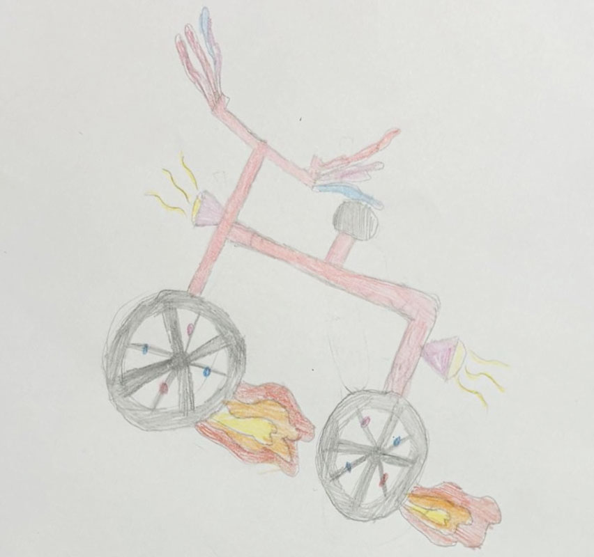 Tegning af en cykel med ind og flammer ved dækkene