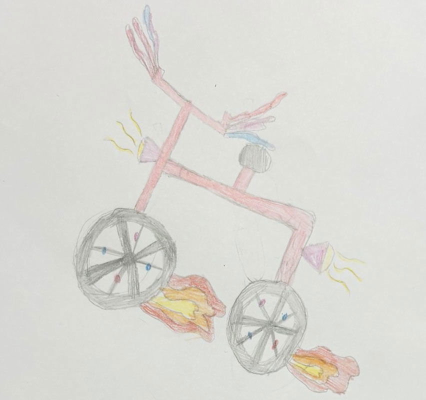 Tegning af en cykel med ind og flammer ved dækkene